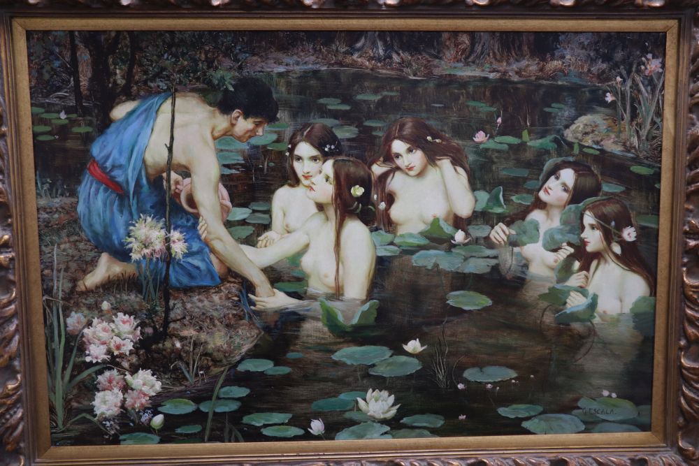 G Escala after J.W.Waterhouse, oil on canvas, Hylas and the nymphs, signed, 60 x 90cm